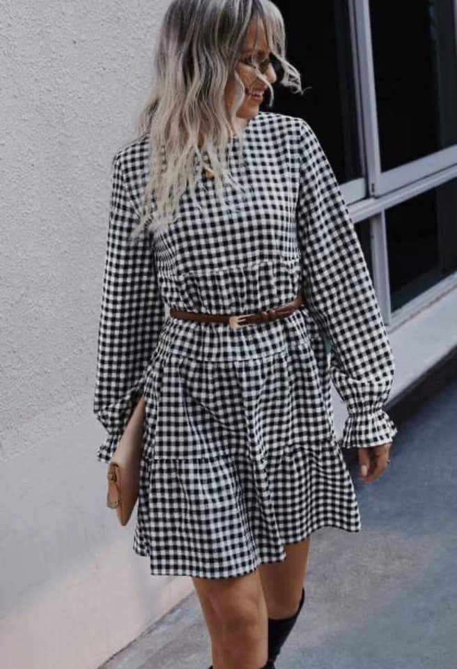 White and Black Gingham Tiered Dress