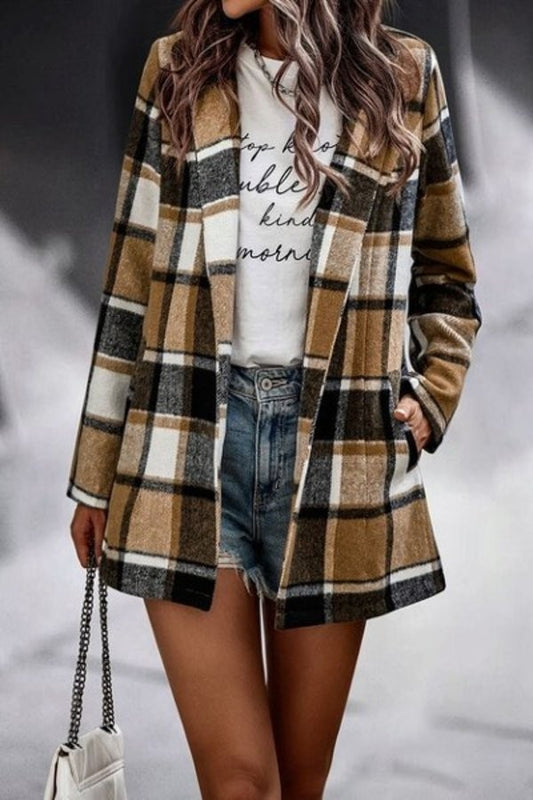 Open Front Pocket Plaid Jacket