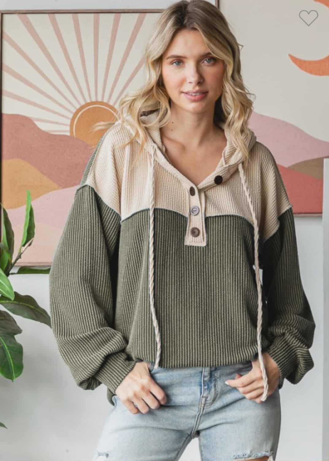 Ribbed Colorblock 1/4 Button Hoodie