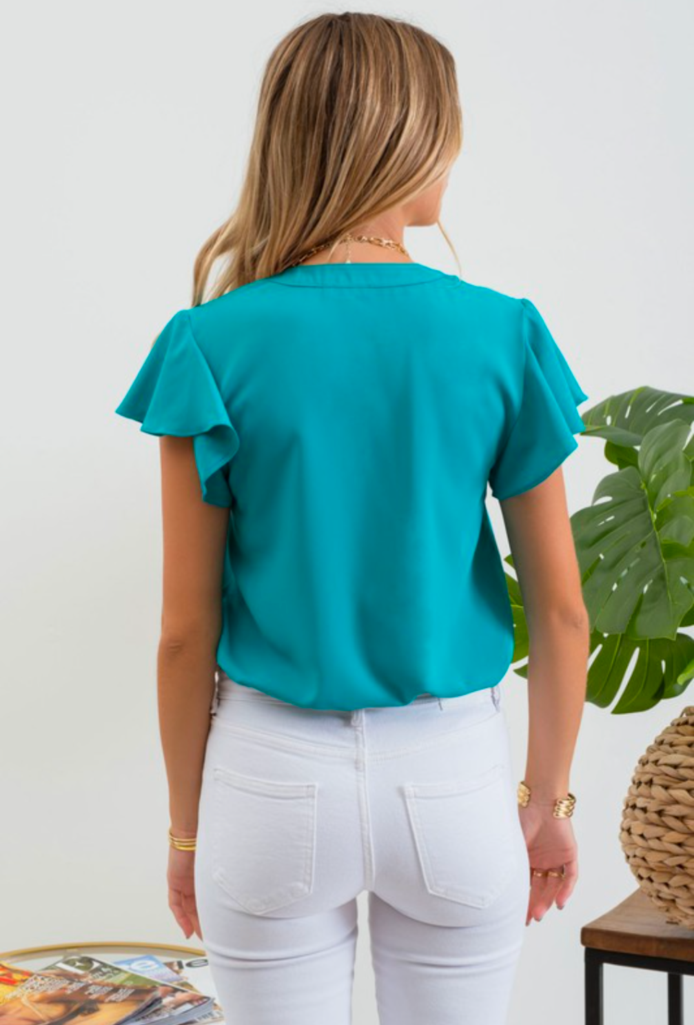 Vneck Pleated Flutter Sleeve Top