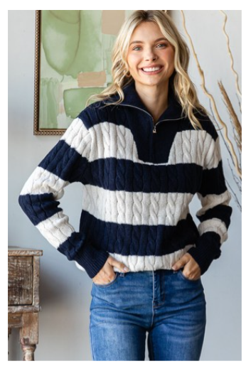 Stripe Cable Knit Half Zip Sweater