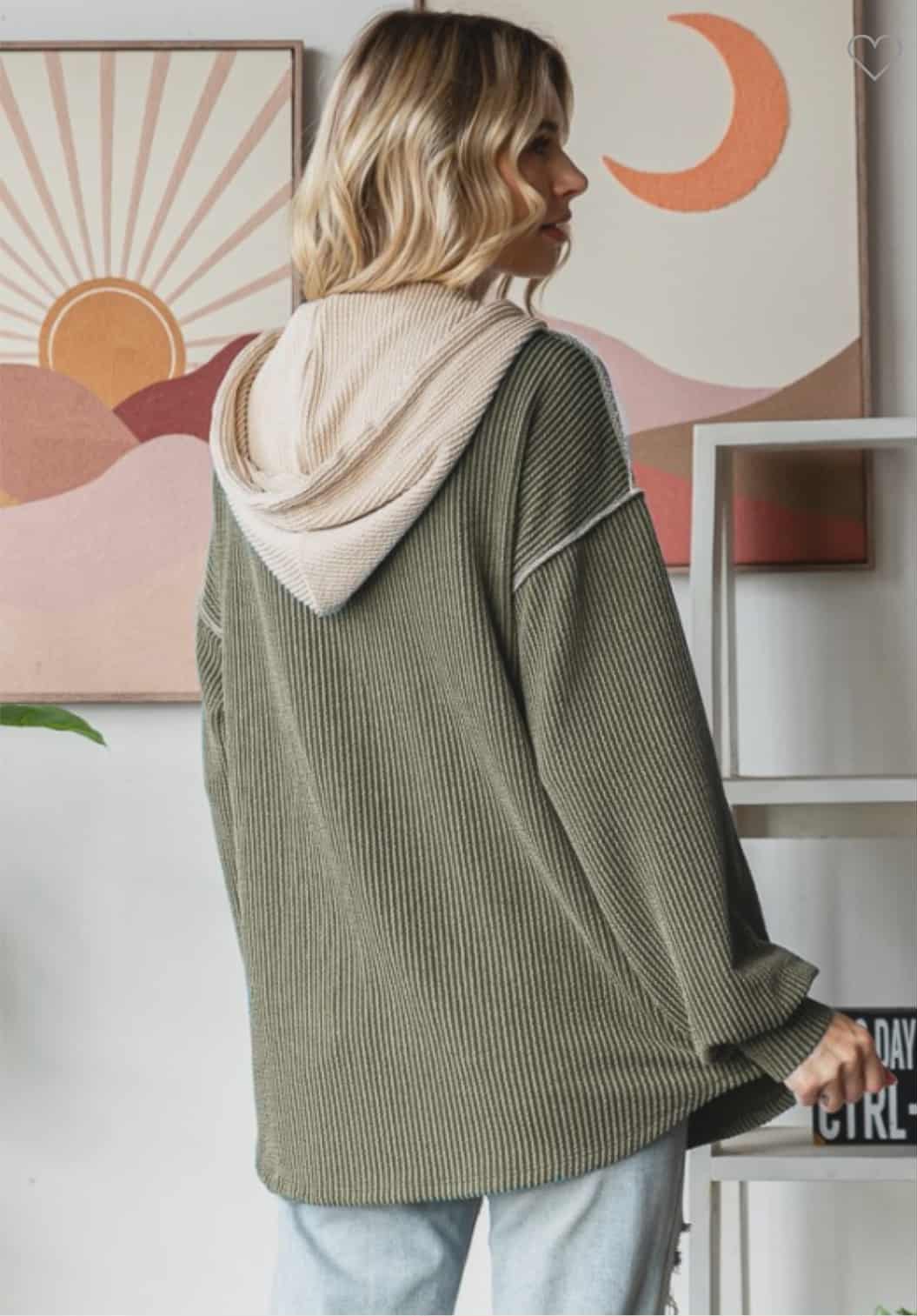 Ribbed Colorblock 1/4 Button Hoodie