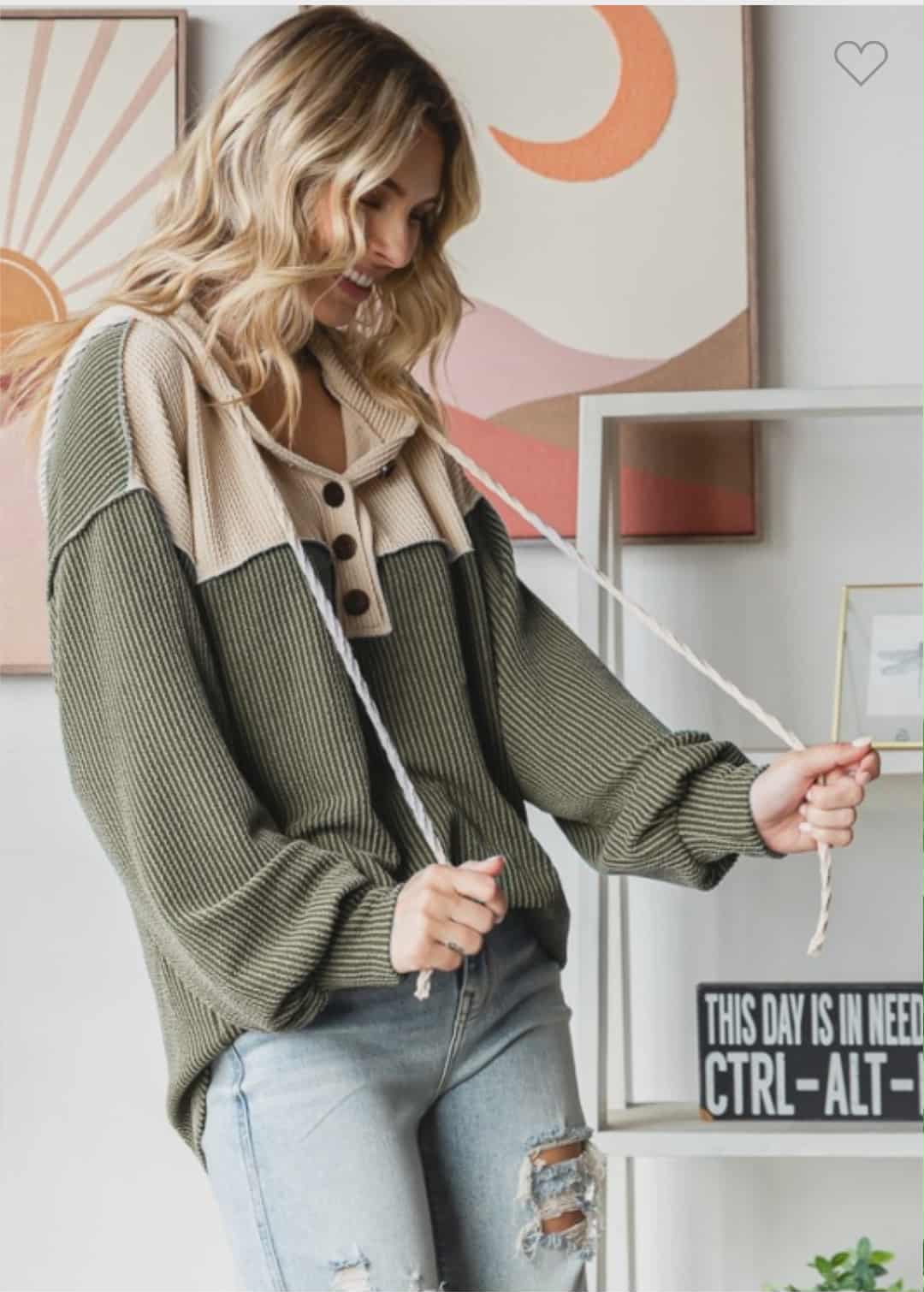 Ribbed Colorblock 1/4 Button Hoodie