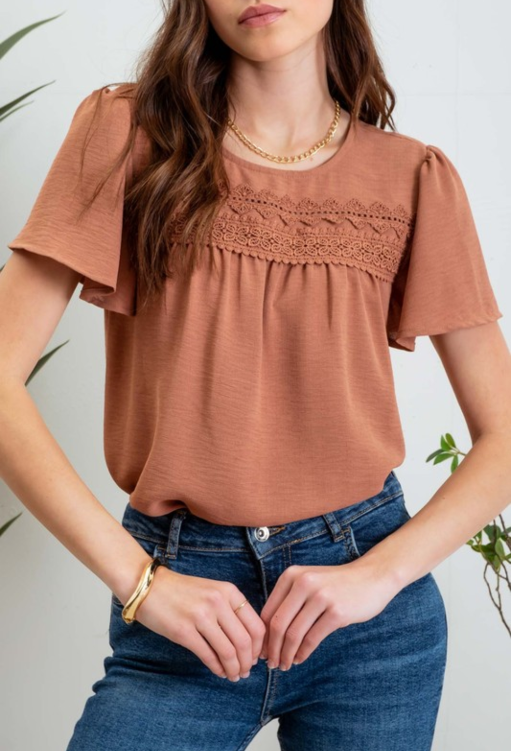 Lace Trim Bell Sleeve Blouse